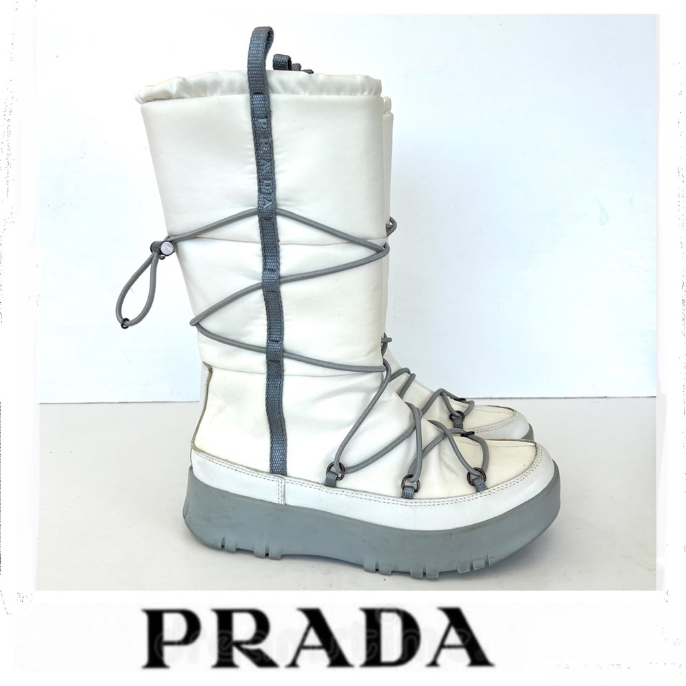 PRADA White and Gray Nylon Winter Snow Rain Pull On Mid Calf Boots Sz 36 1/2